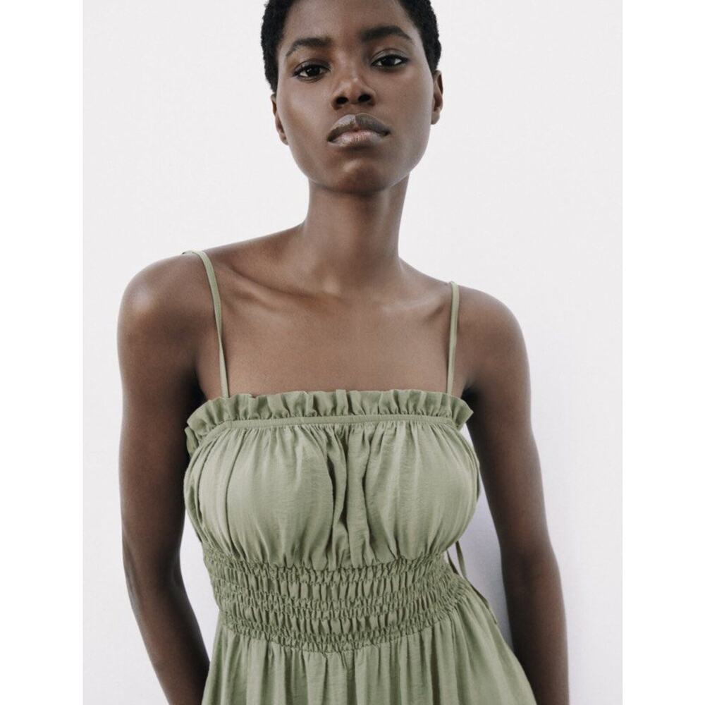 Zara Green Open Elastic Ruffle Back Spaghetti Strap Midi Dress - Picture 3 of 13